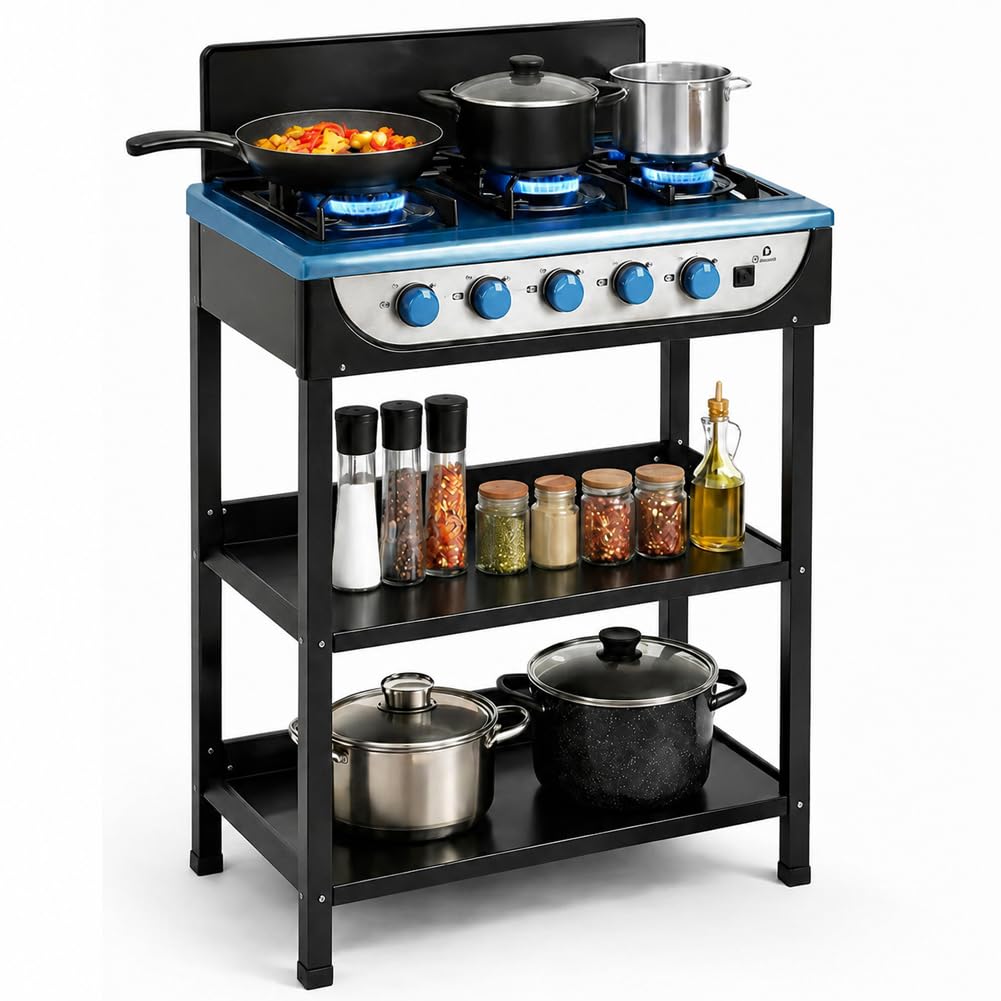 BAKAJI Cucina a Gas GPL con 5 Fuochi da Esterno e 2 Ripiani, Cucinotto Portatile in Acciaio con Paravento 5 Bruciatori, Piedini Stabili Antiscivolo, Ideale per Giardino, Patio, Balcone, Campeggio