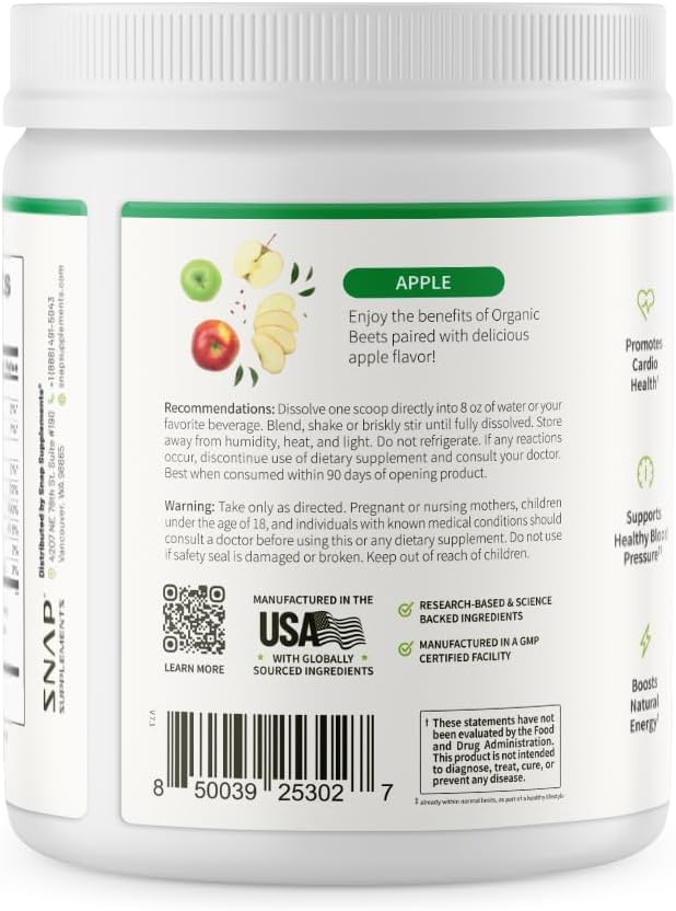Snap Supplements Organic Beet Root Powder, Nitric Oxide Supplements for Men & Women, Organic Beets & Pomegranate, Supports Healthy Energy Levels, 8.8 oz (1 Month Supply), Apple - Image 8