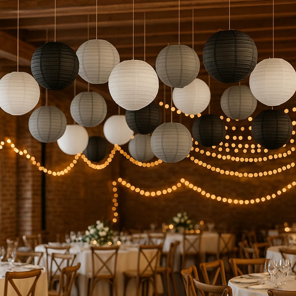 Paper Lanterns Mix Color Packs of 6 Round Paper Lanterns Lampshade Party Decorations (Grey Black Shade, 8" (20 Cm)) — view 2