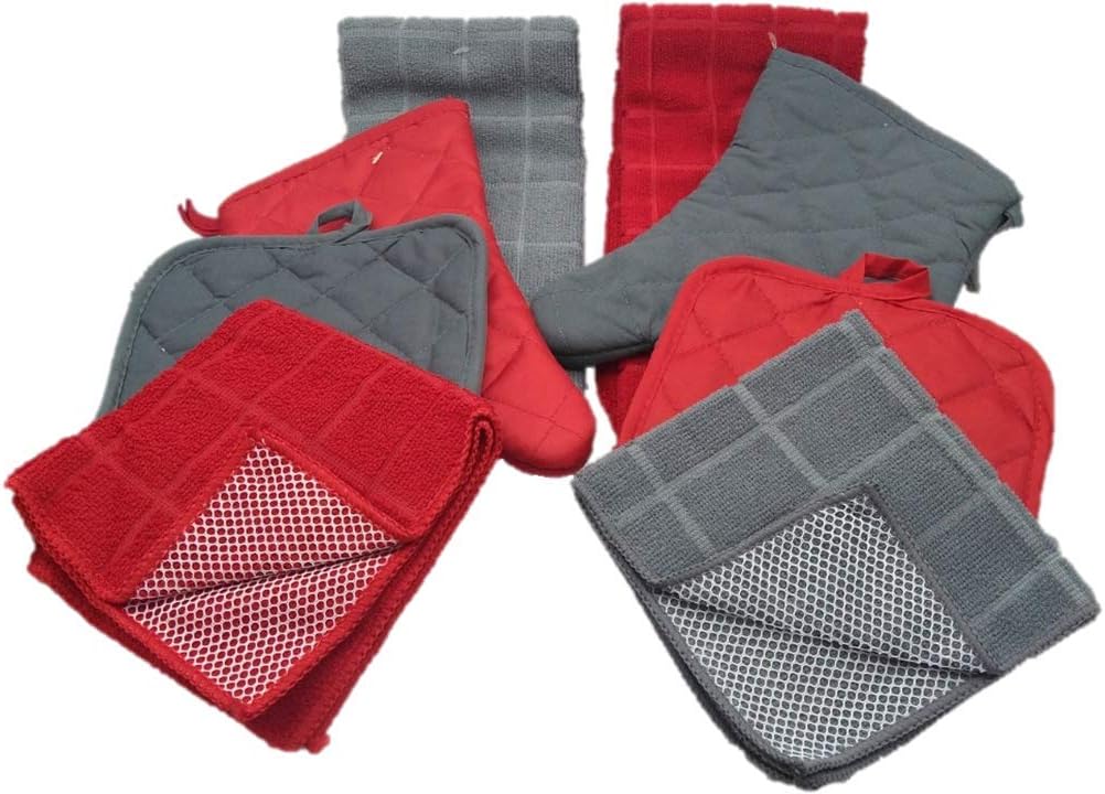 Kitchen Decor - Towel Linen Set (8 Pc) Fresh Red and Gray Color Combination That Pops - Kitchen Towel Potholder Scrubber Dishcloth Oven Mitt Set - Kitchen Decorations