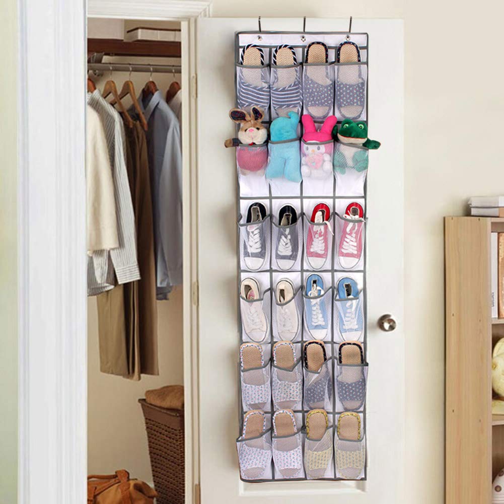 Organizador de zapatos para colgar sobre la puerta, estante de almacenamiento de zapatos con 24 bolsillos que ahorra espacio para dormitorio y sala de estar, estante colgante para zapatos con ganchos