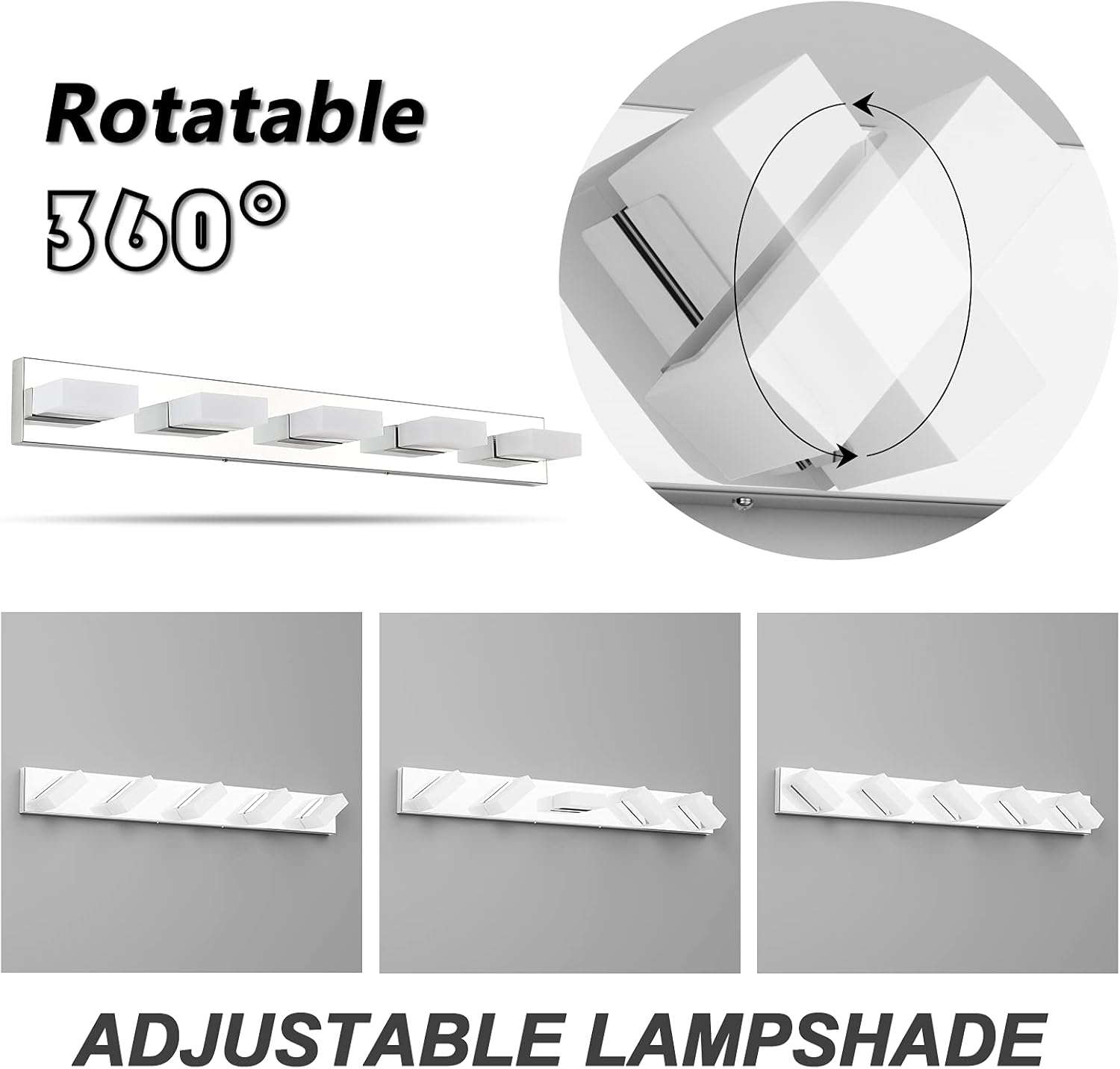 Aipsun Modern Chrome Bathroom Vanity Light LED Vanity Light Fixtures for Bathroom Stainless Steel 5 Light Bath Wall Lighting 6000K