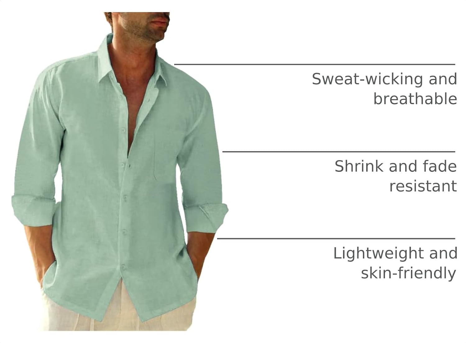 JEKAOYI Mens Button Down Cotton Linen Shirts Casual Long Sleeve Beach Tops image 4