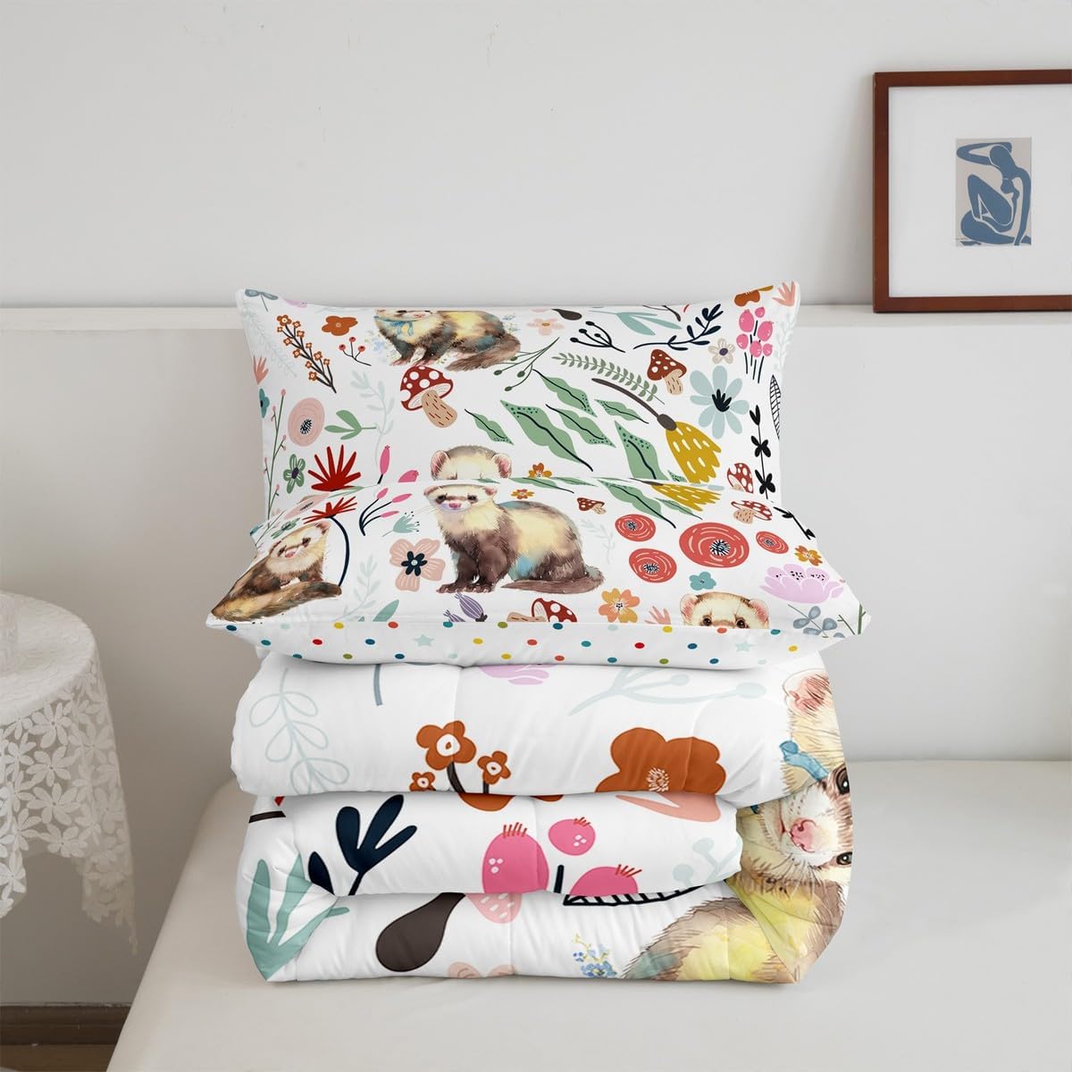 Erosebridal Kawaii Ferret Comforter Set Mushroom Floral Queen Bedding Sets for Girls,Cartoon Animal Quilt Watercolor Flowers Leaves Toddler Duvet Insert for Girls Kids Children,Cute Room Decor