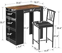 Vista 6 de VECELO Small Bar Table and Chairs Tall Kitchen Breakfast Nook with Stools/Dining Set for 2, Storage Shelves, Space-Saving, Retro