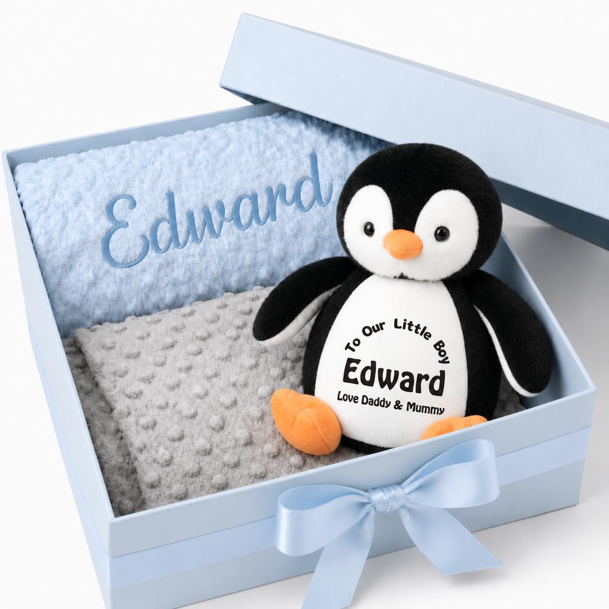 KAINSY Personalized Baby Blanket & Plush Penguin Set, Custom Baby Blanket Embroidered with Name, Double Layer Dotted Backing Swaddle for Toddler, Baby Shower & New Baby Gift Set for Boys