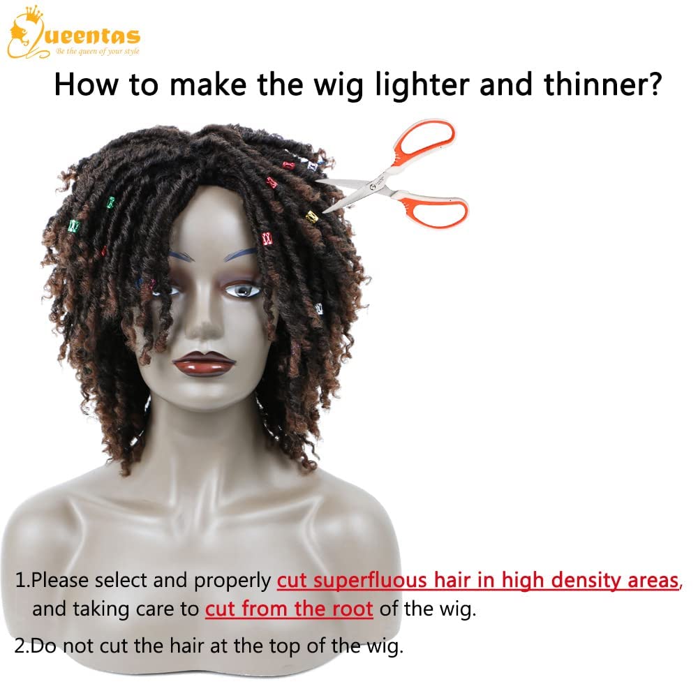 QUEENTAS 12 Inch Short Curly Big Afro Braided Dreadlock Wigs for Black Women and Men, Black to Brown Lightweight Synthetic Faux Locs Twist Wig, Natural & Easy to Wear for Daily Party Occasions