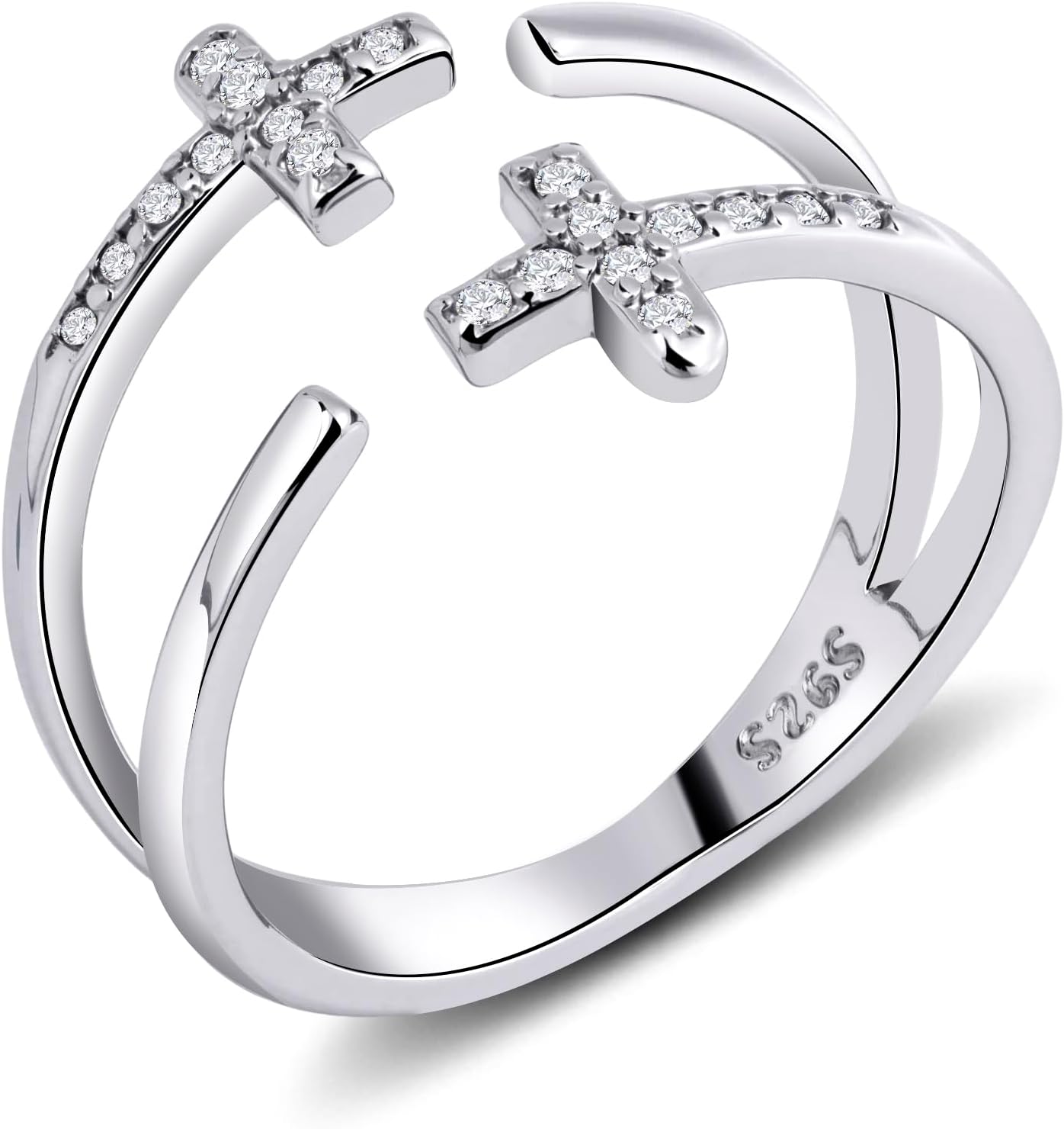 Sterling Silver Cross Ring for Women - Adjustable Open Ring with Double Cross & Zircon Design, Stackable Statement Jewelry