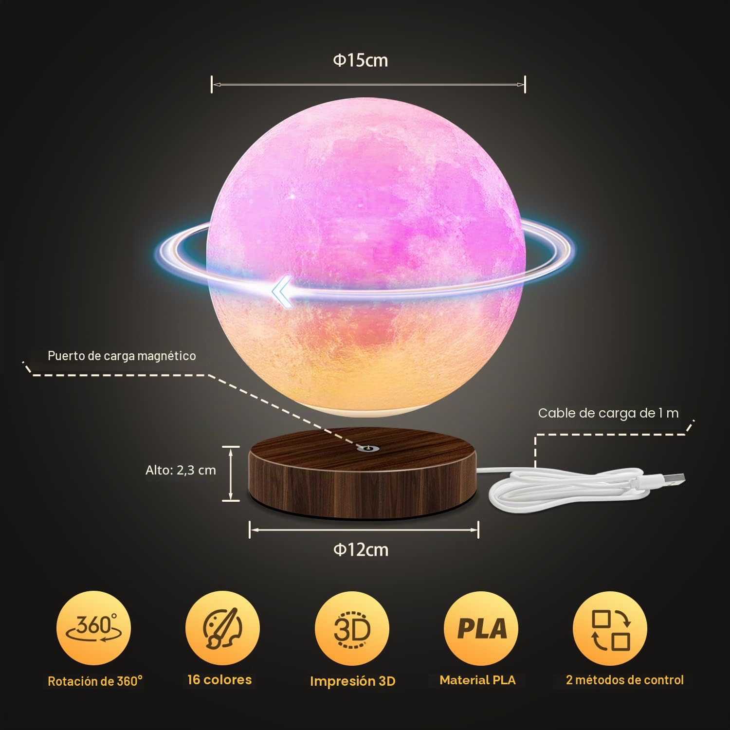 tekstap Lámpara de Luna con Control Remoto y Táctil, 16 Colores Regulables, Rotación de 360°, Luz de Luna de 15 cm, Impresión 3D, Luz de Noche Recargable, Regalos para Niños/Cumpleaños