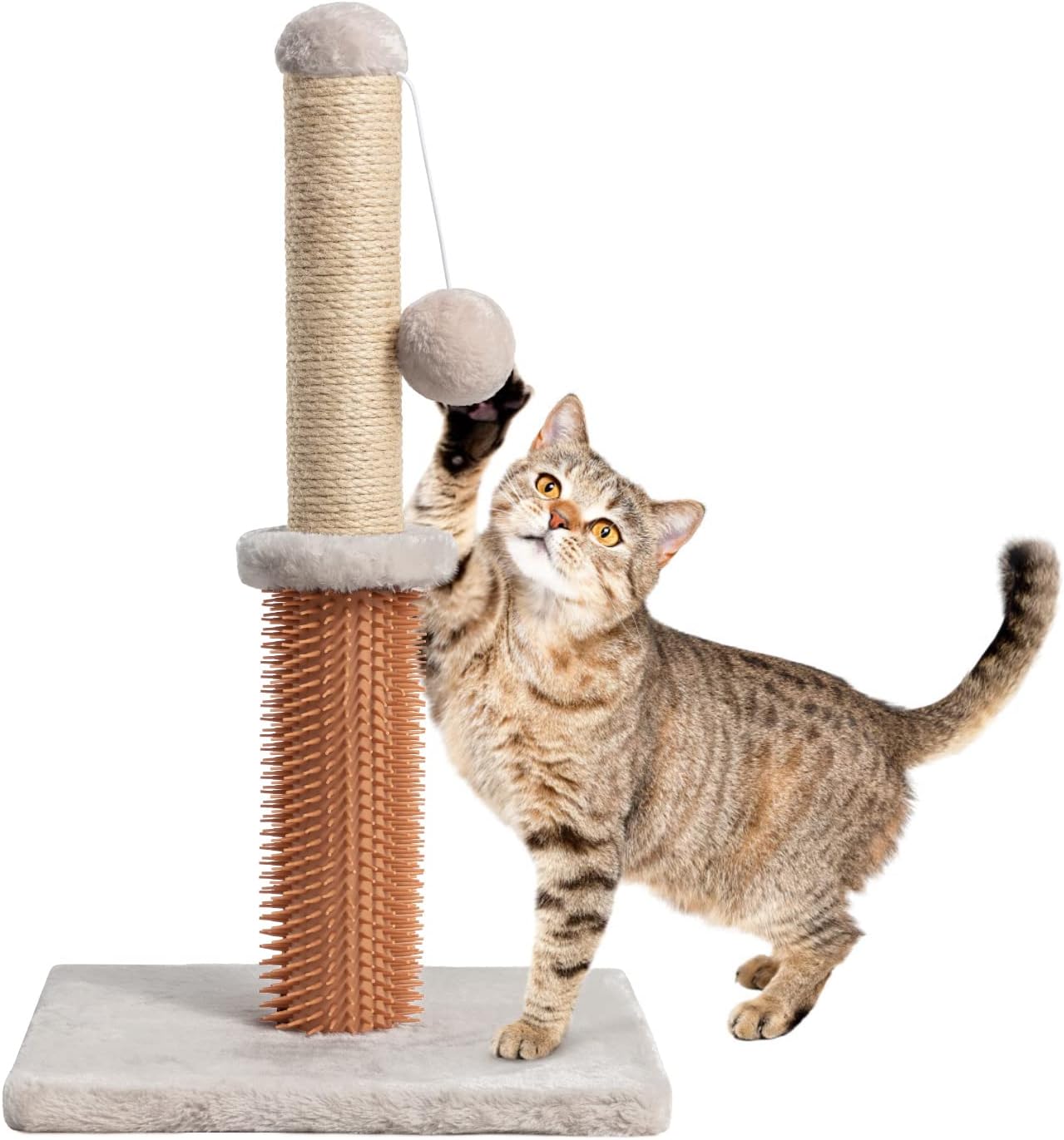 TSCOMON Cat Scratching Post, Scratching Posts for Indoor Cats, Sisal Rope Cat Scratching Post with Soft Hanging Ball and Grooming Massager Brush, Suitable for All Breed & Size