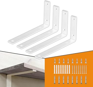 CLT White Shelf Bracket, 8 X 4.3 Quarter Inch 1/4" Thick- Max Load 440 lb Rustic Industrial Modern Farmhouse Heavy Duty Cold Rolled Steel Bracket for Table Bench, Space Saving DIY, Pack of 4