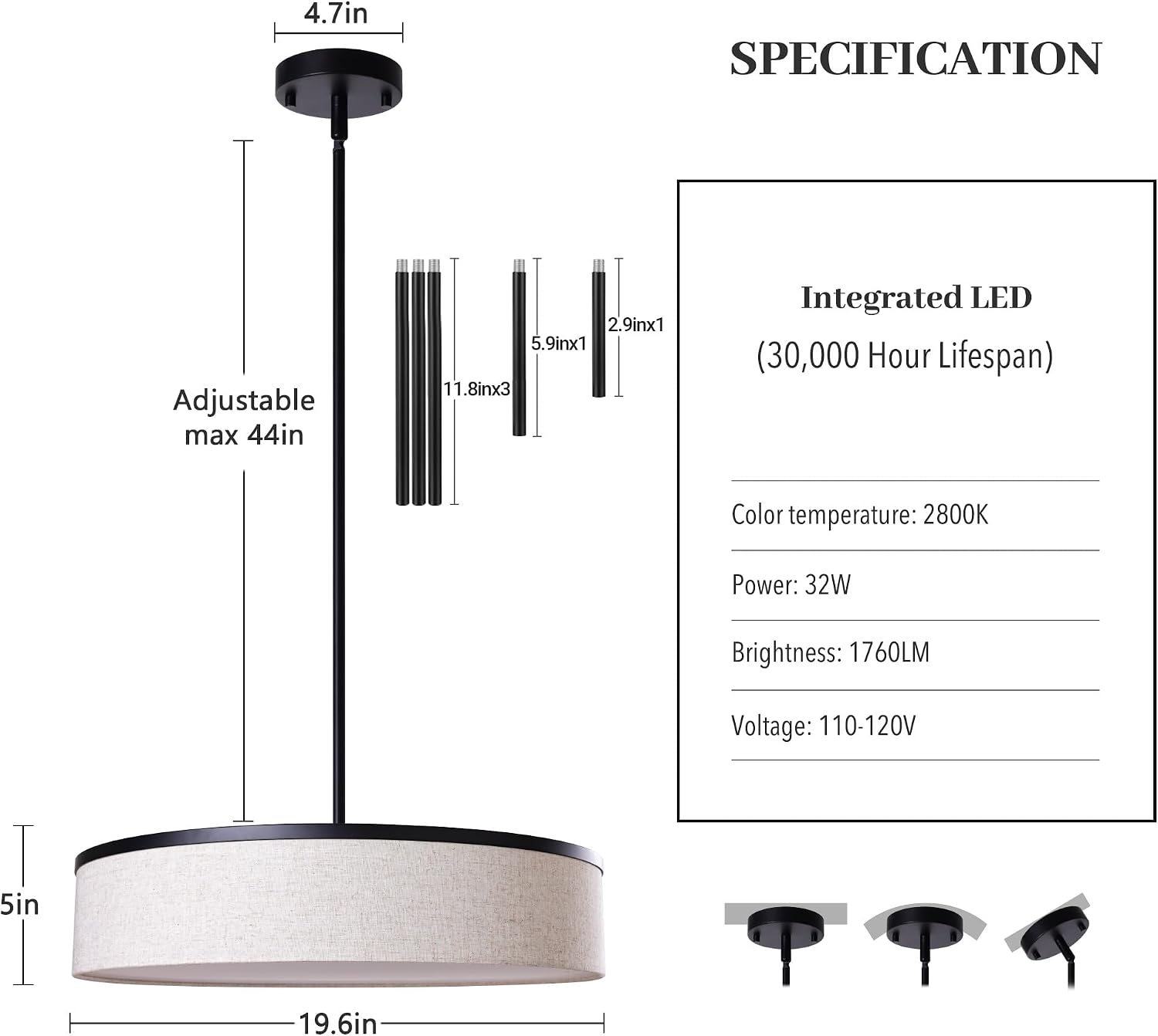 19.6 Inch Integrated LED Drum Chandeliers, 3000K Modern Fabric Pendant Light Fixture, Natural Linen and Black Finish, Large Semi Flush Mount Lighting for Dining Room Bedroom Kitchen Entryway