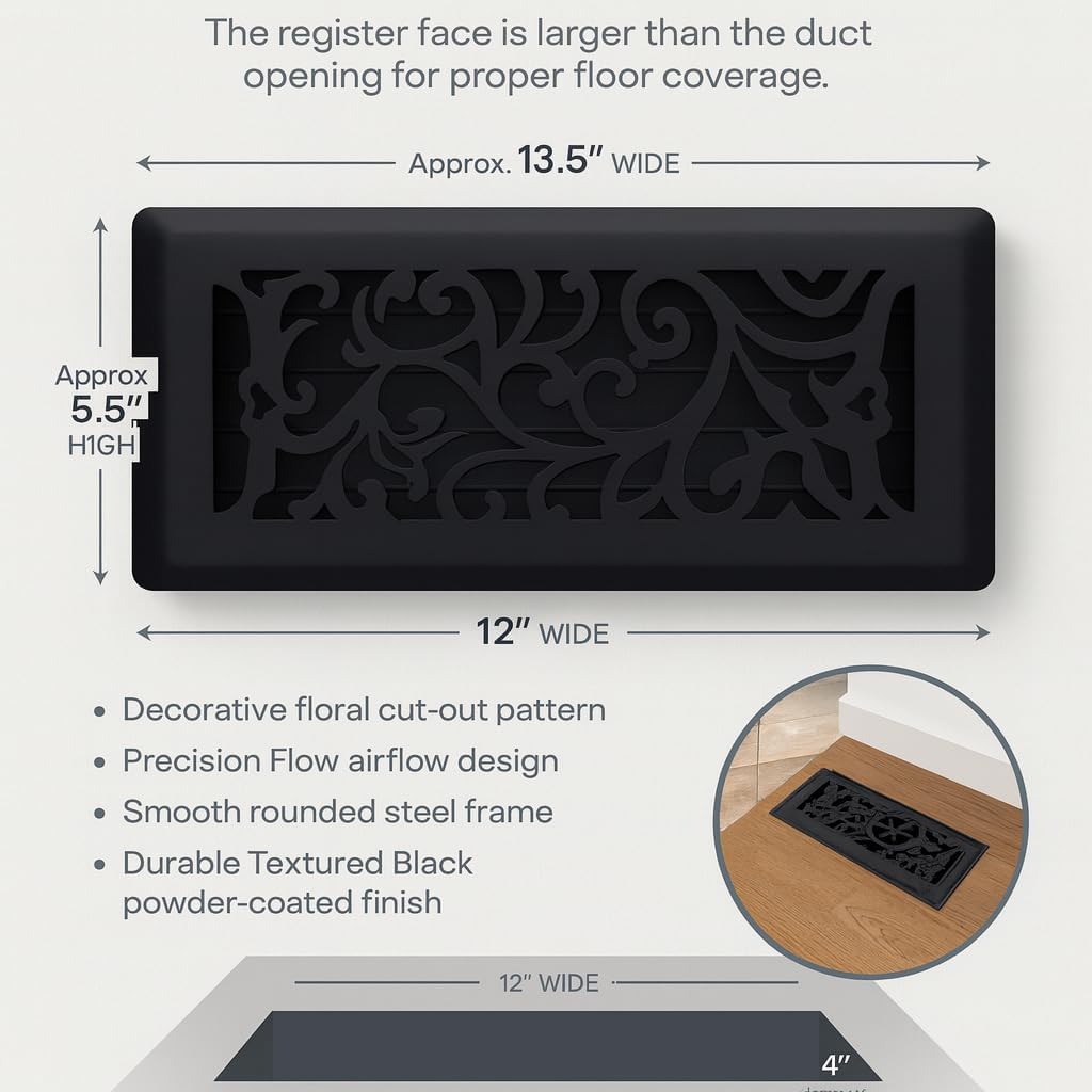 Precision Flow 4"x12" Steel Floor Register - Floral Design, Textured Black Finish - Premium Home Vent Covers, Durable & Decorative - Fits 4"x12" Duct Openings, Easy Installation image 3
