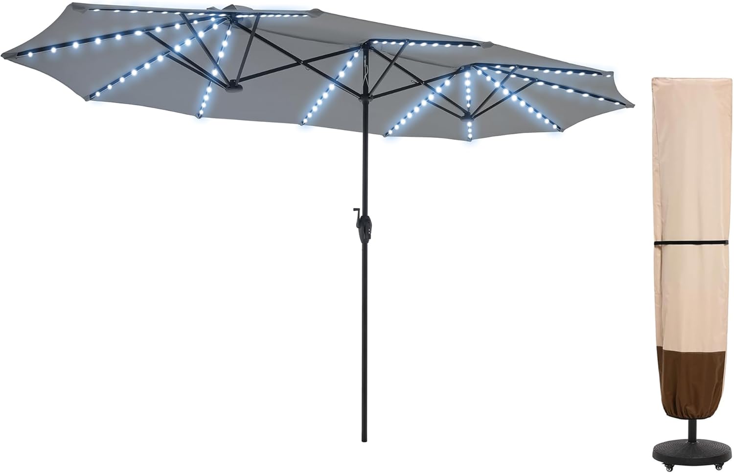 SUPERJARE 13ft Outdoor Patio Umbrella with Solar Lights Patio Umbrella Cover with Rod for 7 to 11 Ft Umbrellas & 15 Ft Double-Sided Umbrellas Bundle