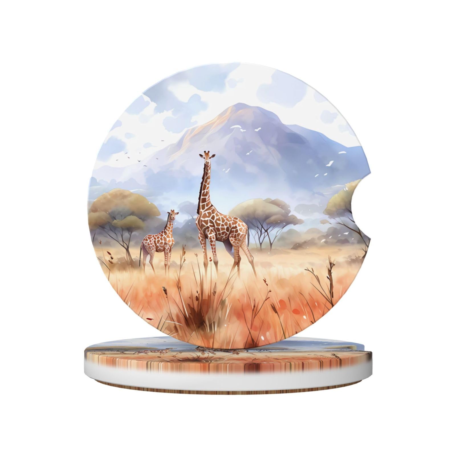 2-Piece Car Cup Holder Coaster Set African Savanna Giraffe Printed Ceramic Coaster Set Car Interior Accessories