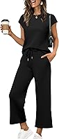 SAMPEEL Women's 2 Piece Summer Vacation Set: Cap Sleeve Top & Wide Leg Crop Pants - Lounge Beach Outfits