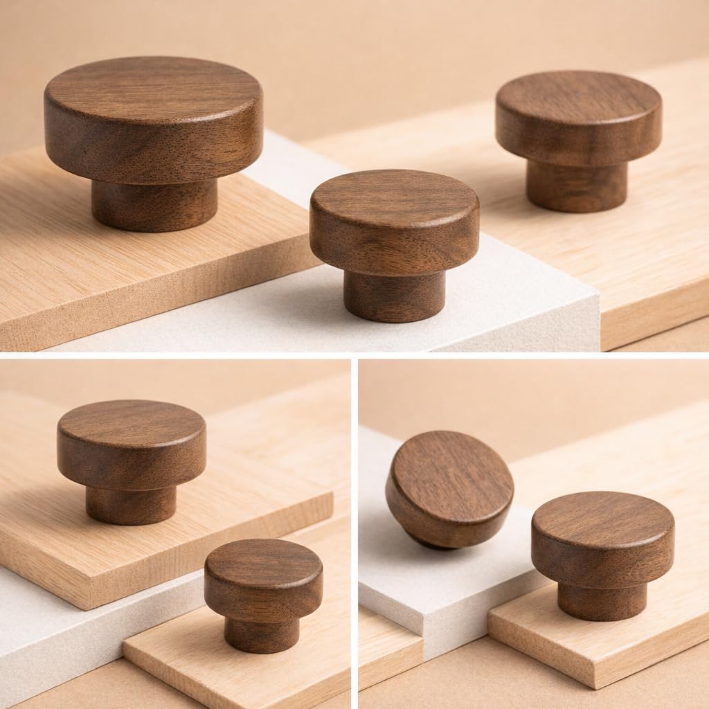 Mid Century Modern Walnut Mushroom Knobs for Cabinet,Drawer,Dresser and Closet Doors.Round Vintage Brown Wooden Crafts Furniture Knobs,Pulls and Handles (1.38‘’ Round Knobs, 10)