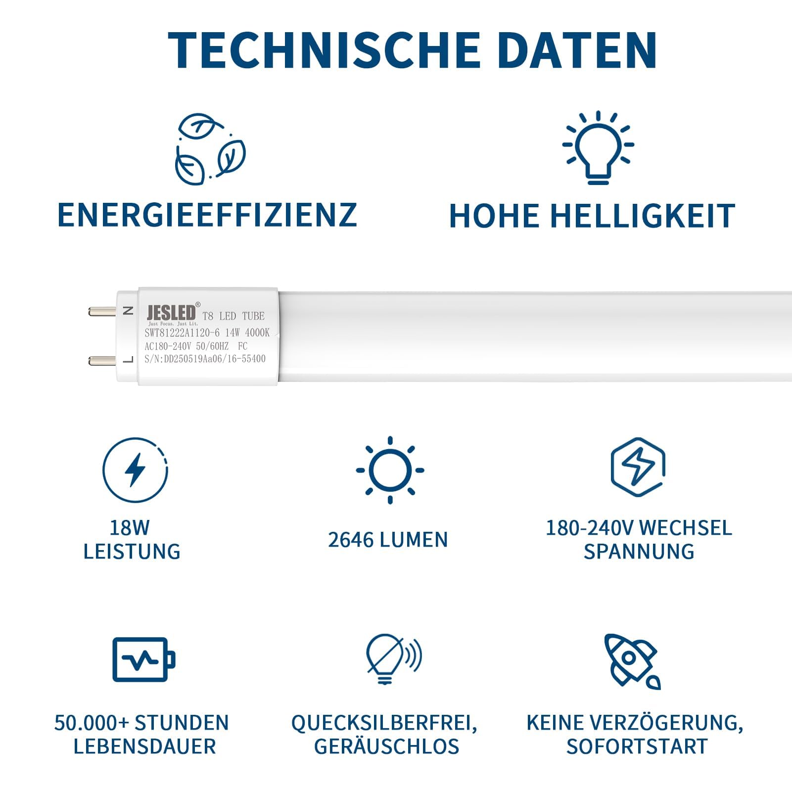 JESLED 2er Pack LED Röhre 150cm T8 G13 18W 4000K 2970 Lumen PC-Material