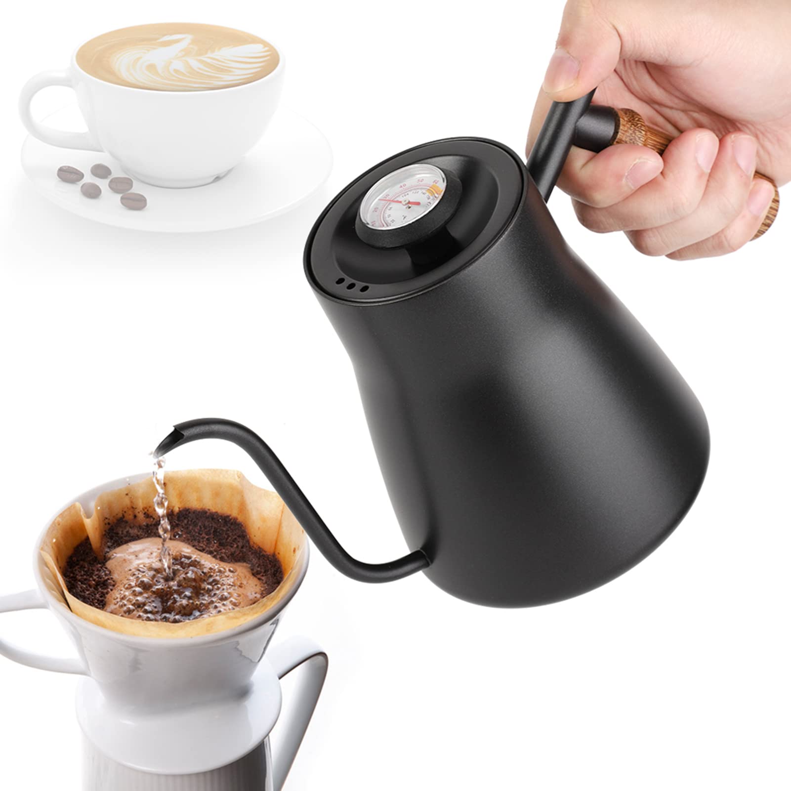 ZPSHYD Kaffeekessel, 850 ml Schwanenhalskessel PTFE-beschichteter Edelstahl Übergießkaffeekessel mit Holzgriff(with Thermometer)