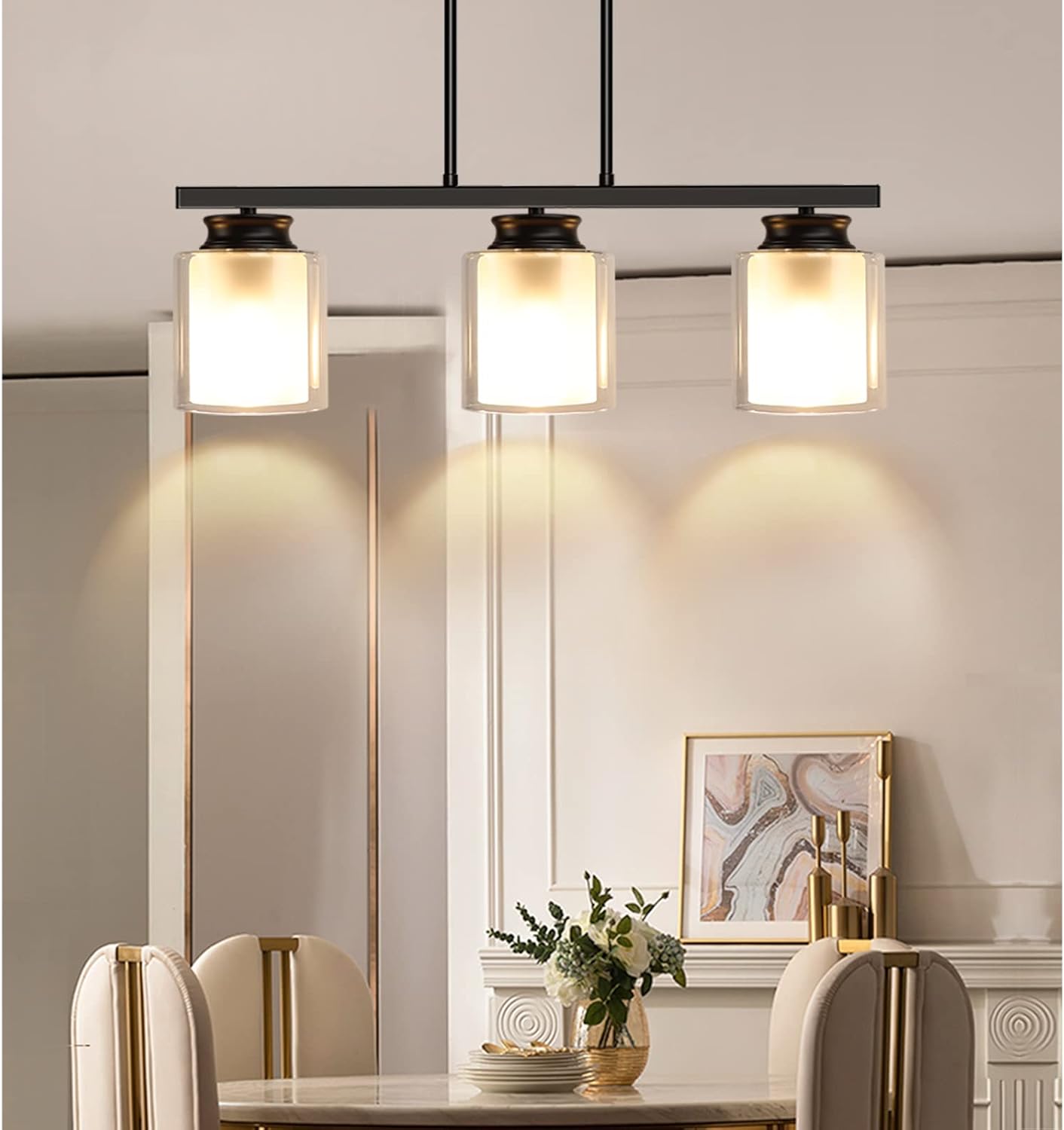 DLLT 3-Light Pendant Light Fixture, Metal Kitchen Island Lighting with Glass Shade, Industrial Farmhouse Flush Mount Ceiling Hanging Light for Dining Room, Foyer, Restaurant, Bar, E26 Base