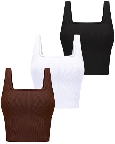 KVOJI 3 Pack Crop Tank Tops for Women Sleeveless Ribbed Crop Tops | Summer Basic Tops, Square Neck, Slim Fit, Seamless, Yoga Workout Tops, Going Out Tops - Small - 3 Pack-black/White/Brown