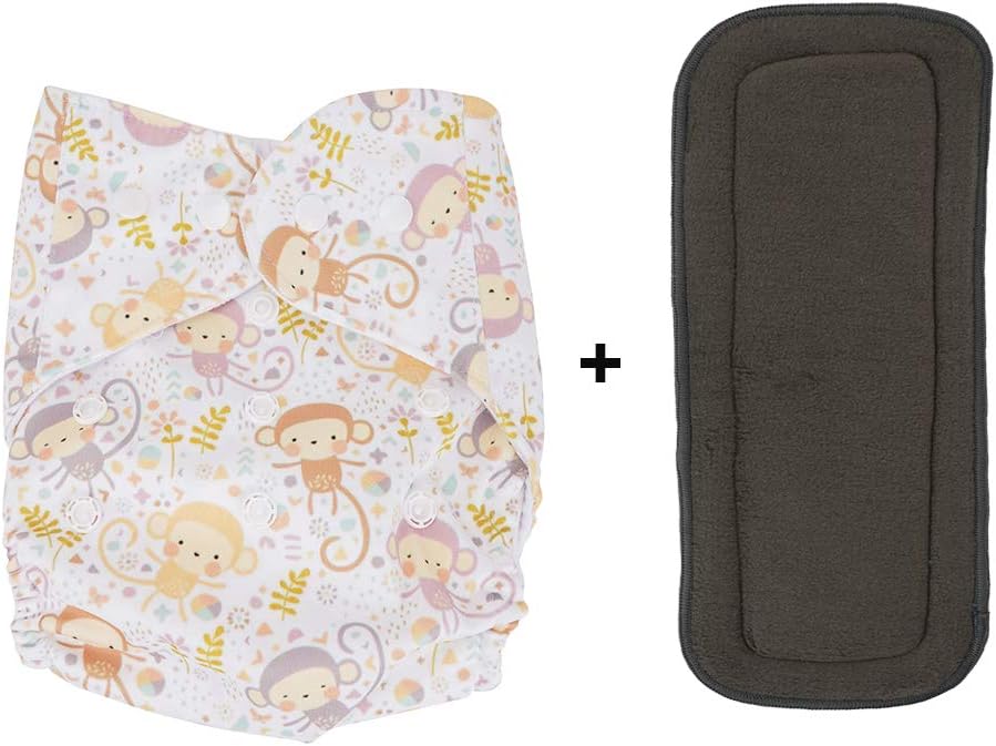LILTOES Baby's All in One Washable Reusable Adjustable Cloth Diapers with 5 Layer Bamboo Charcoal Insert (Monkey)