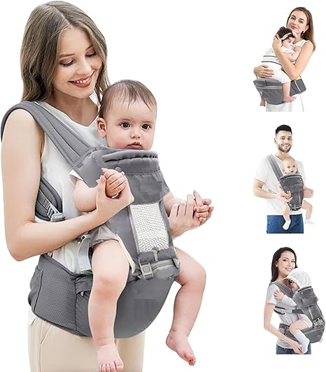 KRLZ Baby Carrier Newborn to Toddler, Baby Carrier with Hip Seat, (Ergonomic M Position) for 3-36 Month Baby, 6-in-1 Ways to Carry, All Seasons, Adjustable Size, Perfect for Shopping Travelling(Grey)
