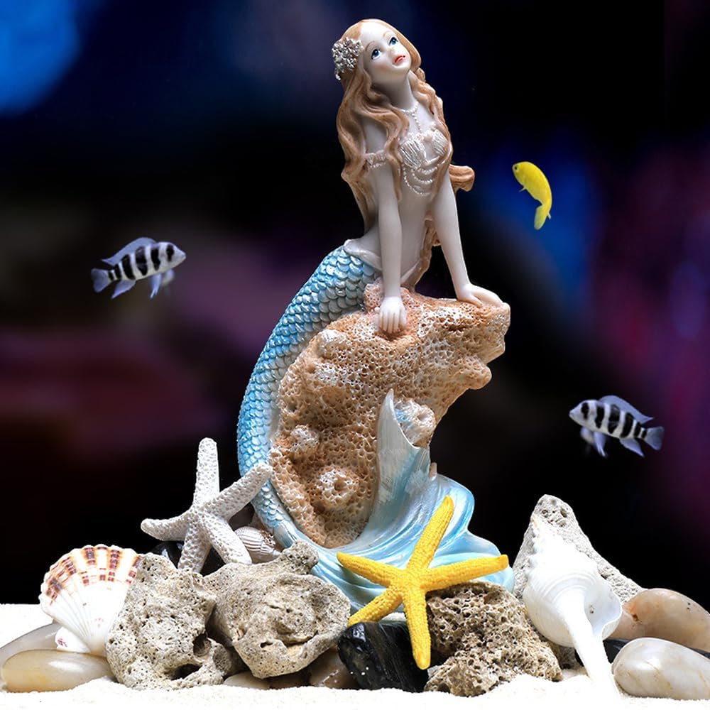 Rayberro 7.28" Mermaid Figurines Resin Blue Mermaid Sculpture Mediterranean Princess Statue Ornaments Home Office Desktop Bookshelf Decor Mermaid Collectible Crafts Fish Tank Aquarium Decoration Gift