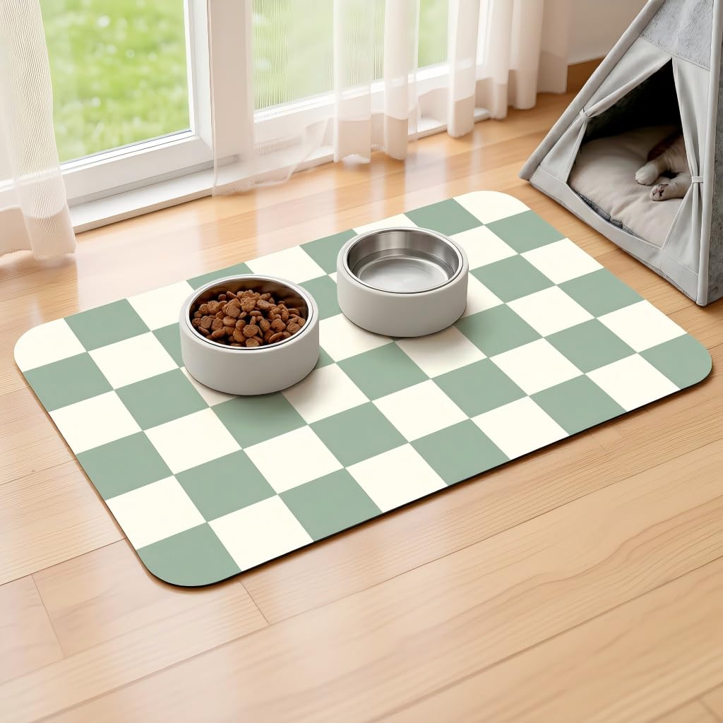 Dog Food Mat, Absorbent Pet Placemat Cat Dog Mats for Food and Water Bowl, Checkered Pet Feeding Mat Non Slip, No Stains Quick Dry Cat Dog Bowl Mat (Green, 43x80cm)