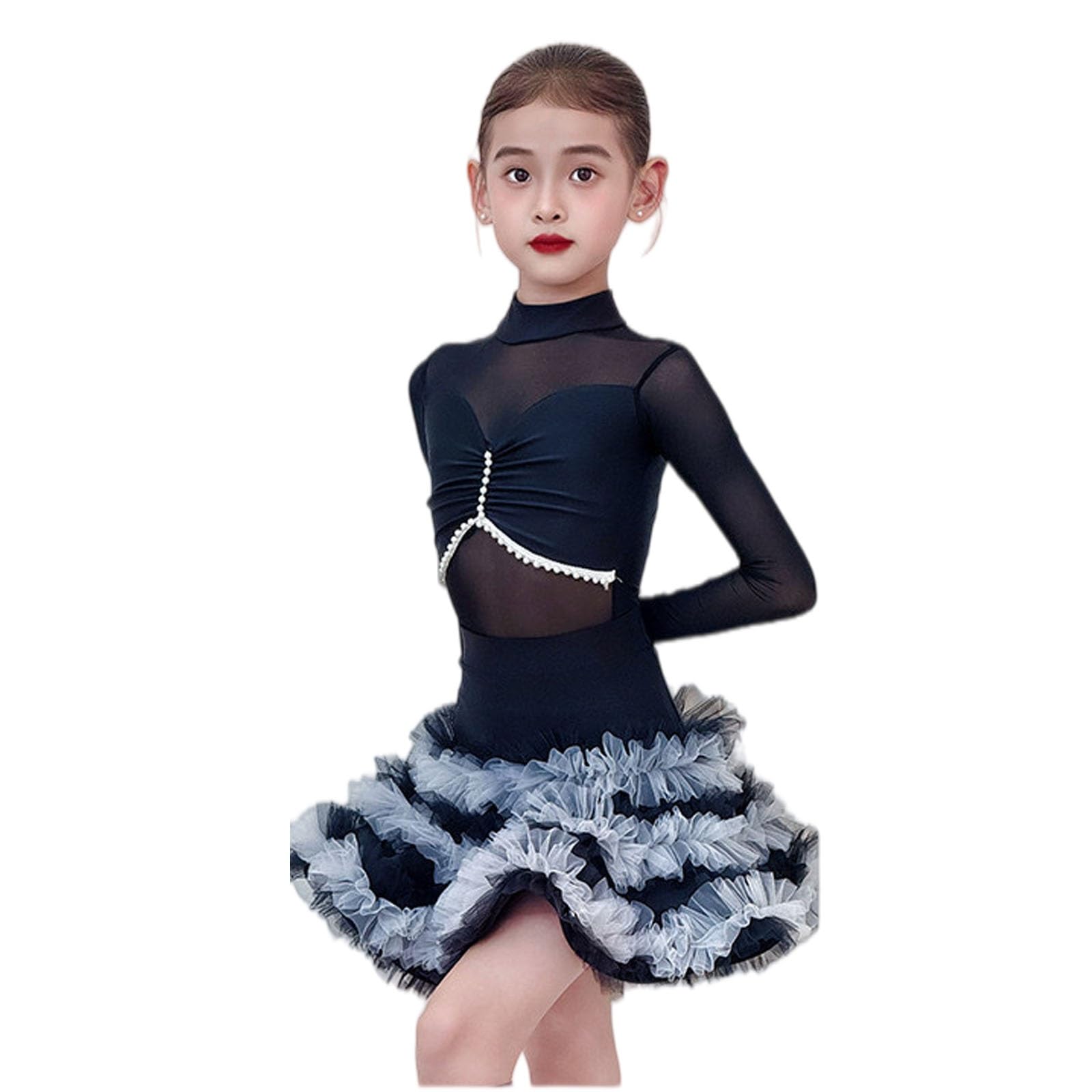 MEECHI Mädchen Latein Tanzkleid, Kinder Mesh Langarm Leotards Und Tüllrock Girls Wettbewerb Performance Dance Dress Tanzoutfit Für Rumba Samba Cha Cha Tango