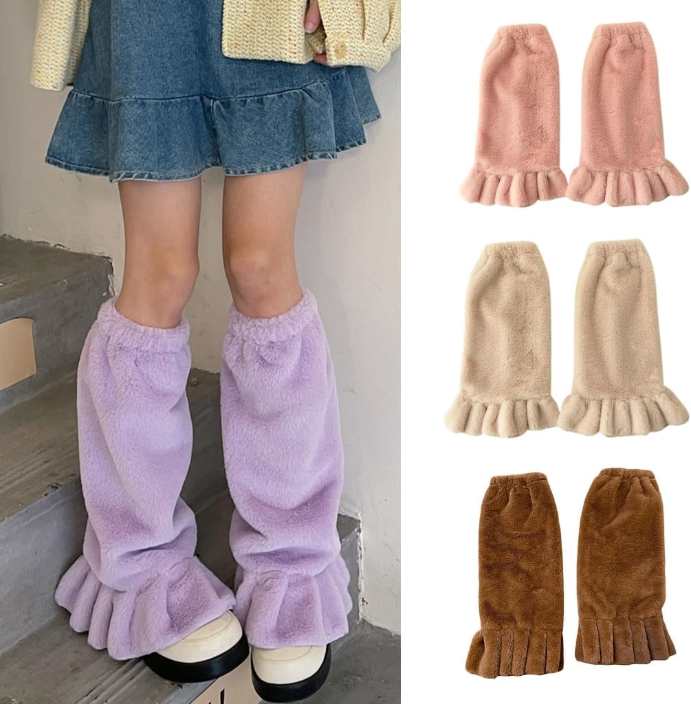 1 Pair Women Leg Warmers Solid Color Plush Japanese Ruffled Leg Socks Winter Foot Warmer Socks