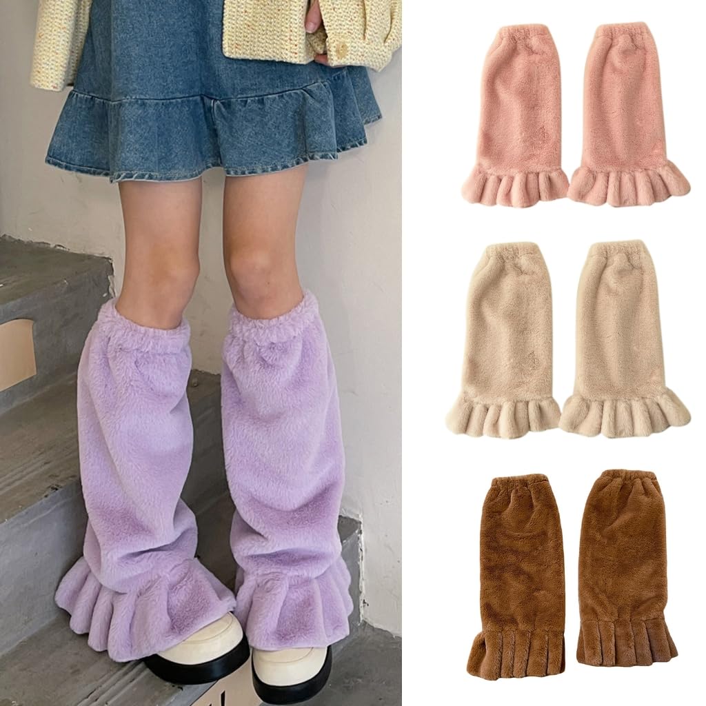1 Pair Women Leg Warmers Solid Color Plush Japanese Ruffled Leg Socks Winter Foot Warmer Socks