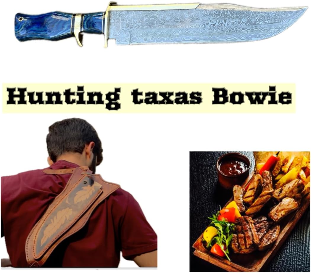 15" Hand Made Damascus Steel Collectible TEXAS Bowie Knife Handle pakka wood with brass clip (blue)