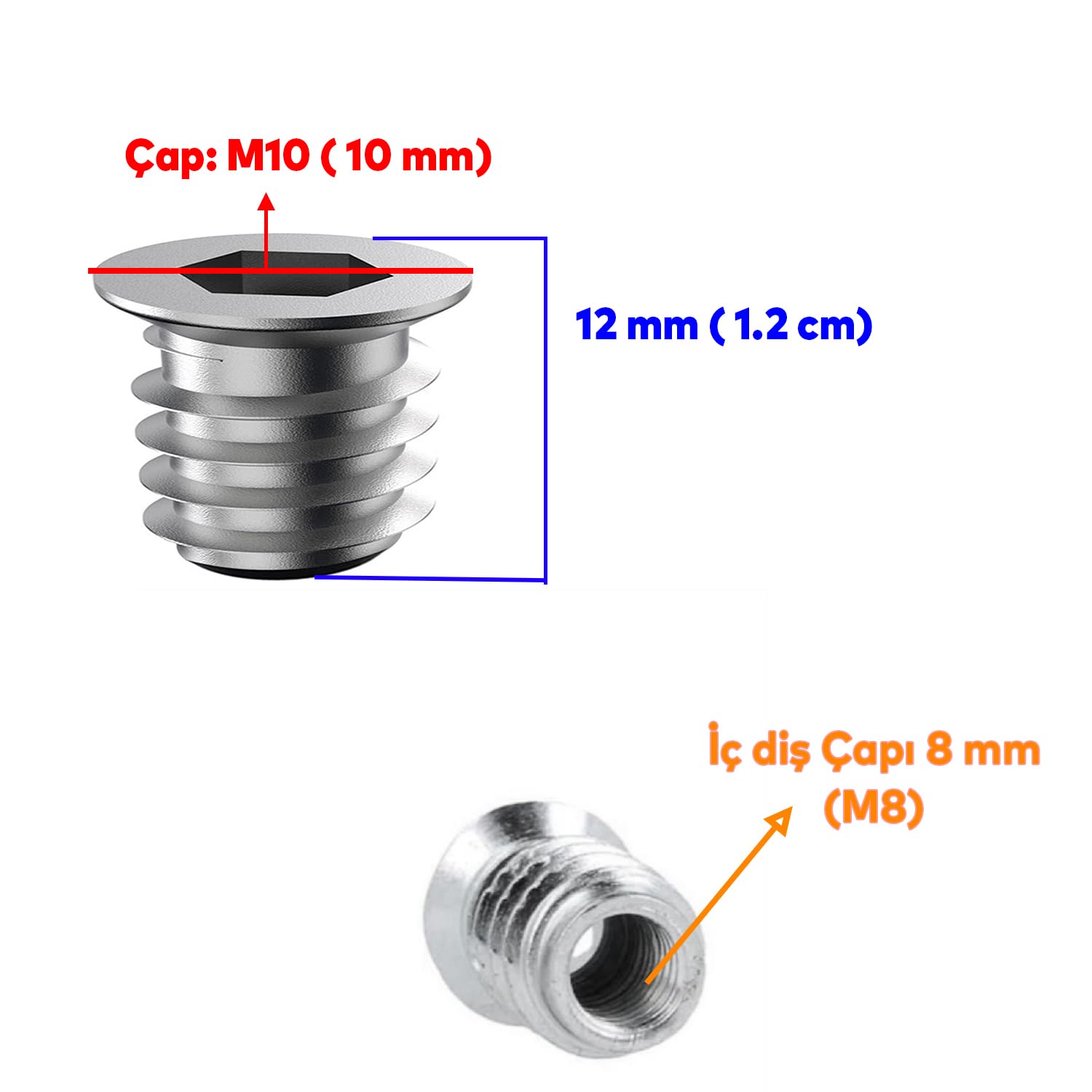 Badem10 Metal Düz Dişli Dübel Ahşap Dübeli M8 10x12 Diş Çinko Mobilya Bağlantı Ünite Birleştirme (50 ADET)