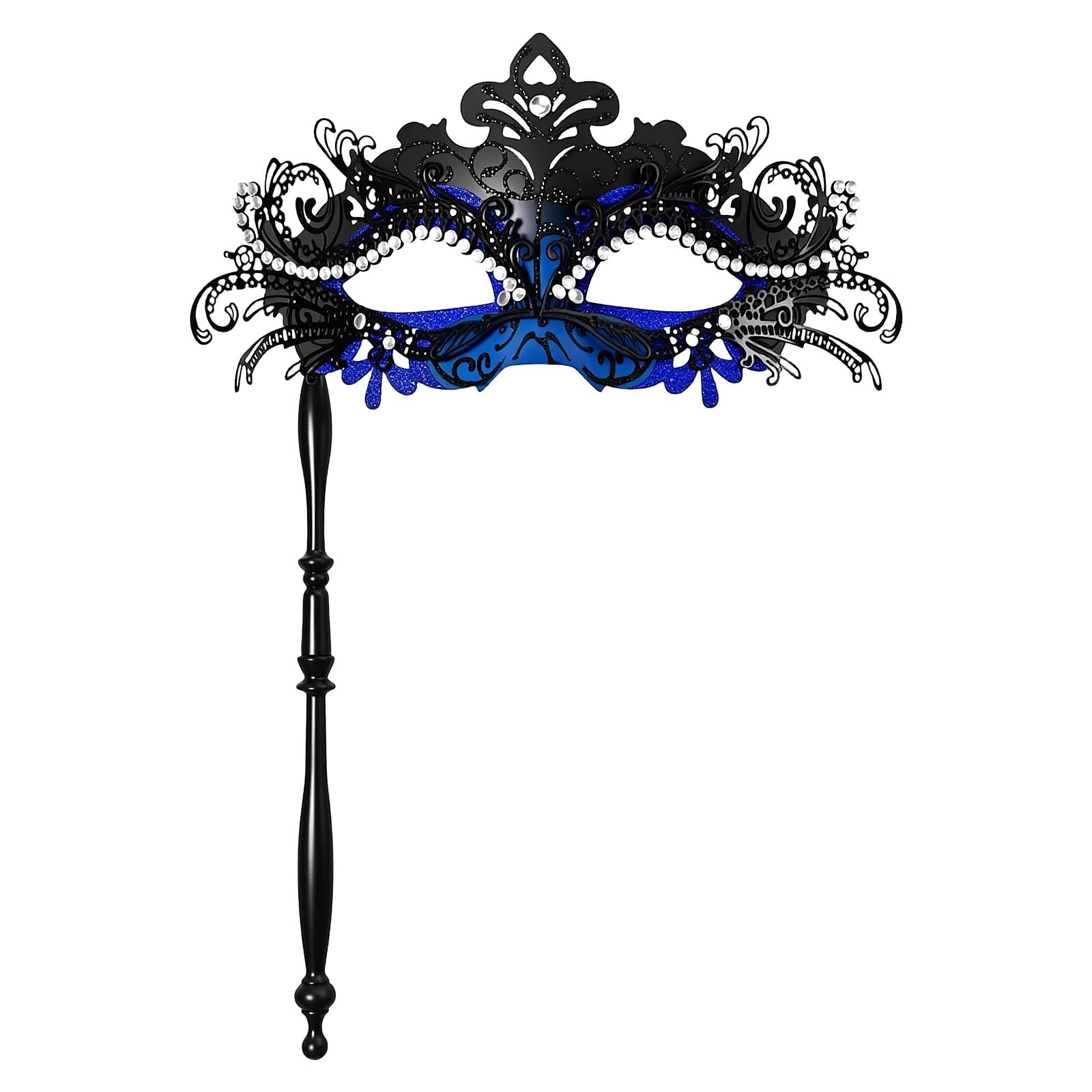 Oidea Black Blue Rhinestone Handheld Venetian Masquerade Mask, Metal
