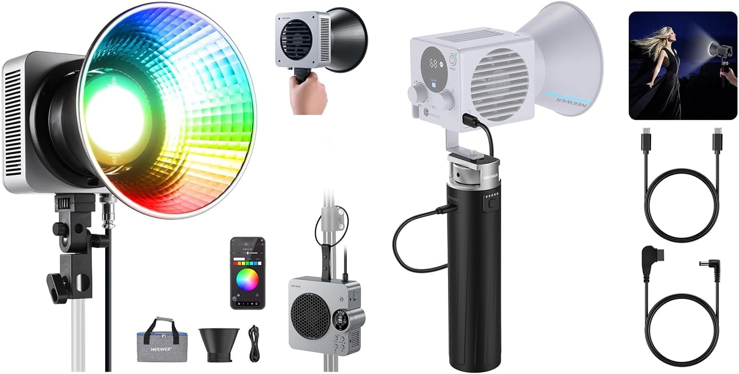 NEEWER HS200C Portable RGB LED Video Light + PH99E Battery Grip Power Supply for HS MS HB Series COB Video Lights, Continuous Output Lighting Bowens Mount Spotlight for Recording Streaming Photography