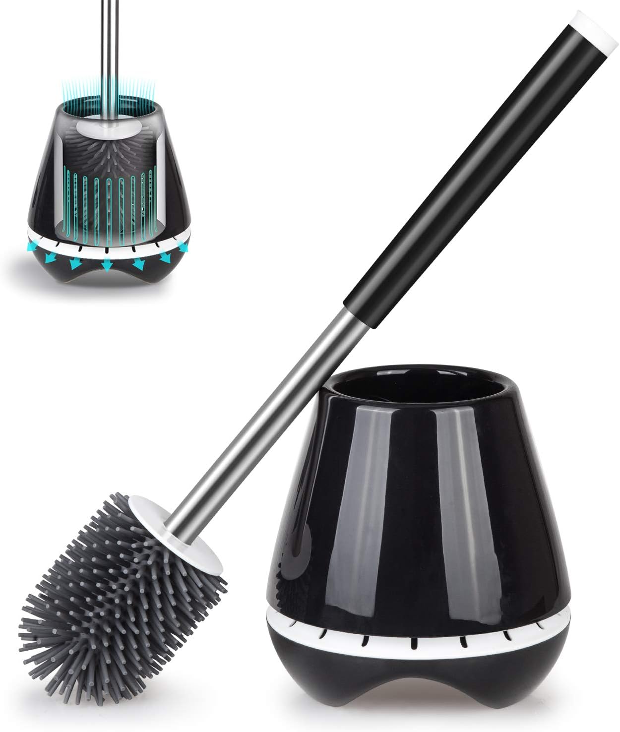 Silicone Toilet Bowl Cleaner Brush and Holder Bathroom Cleaning Brush- MEXERRIS Rubber Toilet Brush with Holder Toilet Scrubber Brush With Tweezers for Bathroom Storage and Organization Black