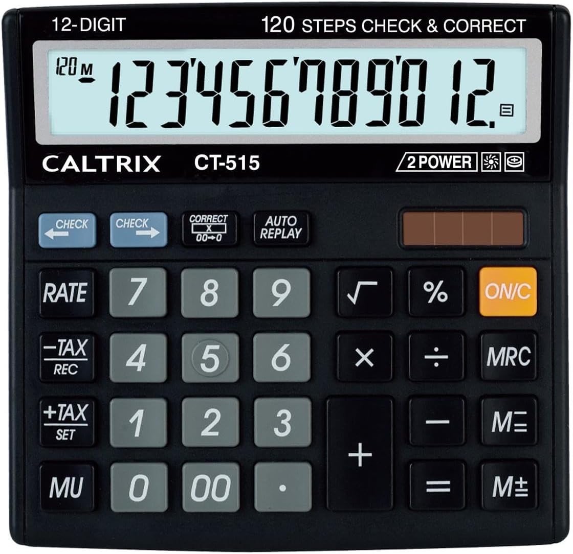 CT-515 Check & Correct Calculator | 12-Digit Large Display | 120 Steps Replay | Dual Power (Solar & Battery) | Tax & Business Function Calculator for Office, School & Home