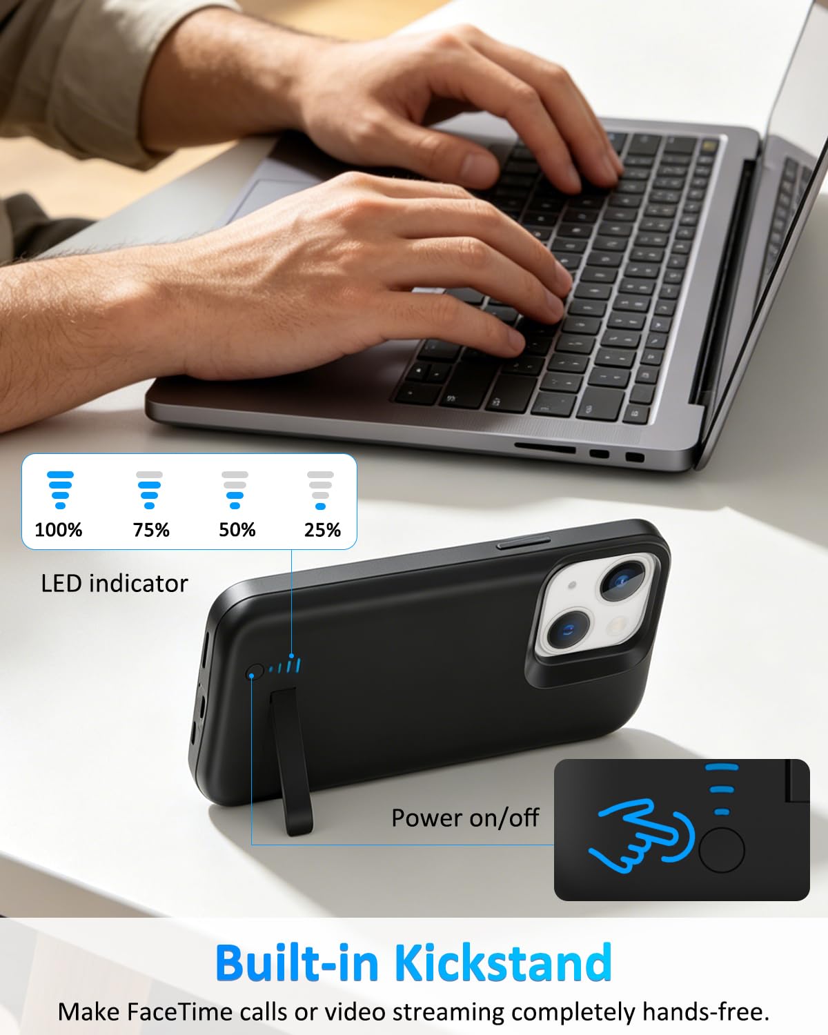 Akkuhülle für iPhone 14/13, 8500 mAh, wiederaufladbar, erweitertes Schnellladegerät, tragbare schützende Powerbank-Akku-Backup für iPhone 13/14 (6,1 Zoll), Schwarz