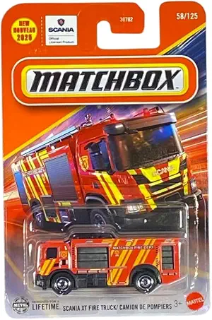 Camión de bomberos Matchbox Scania XT [rojo] 58/125, ¡nuevo para 2025! Vehículo de juguete fundido a escala 1:64