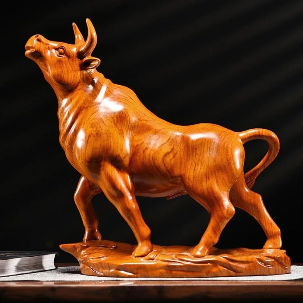 Red Sandalwood Wooden Bull Statue Figurine - Zodiac Ox Power Strength Ornament Home Decor