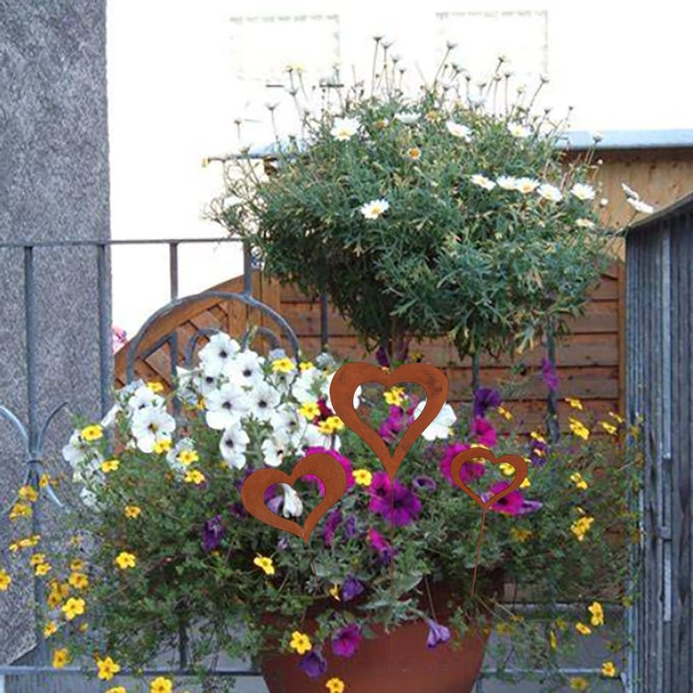 Juego de 3 Estacas Decorativas Tapones de Corazon Metal Oxidado Conectores Decoración para Exterior Jardín Terraza Balcón