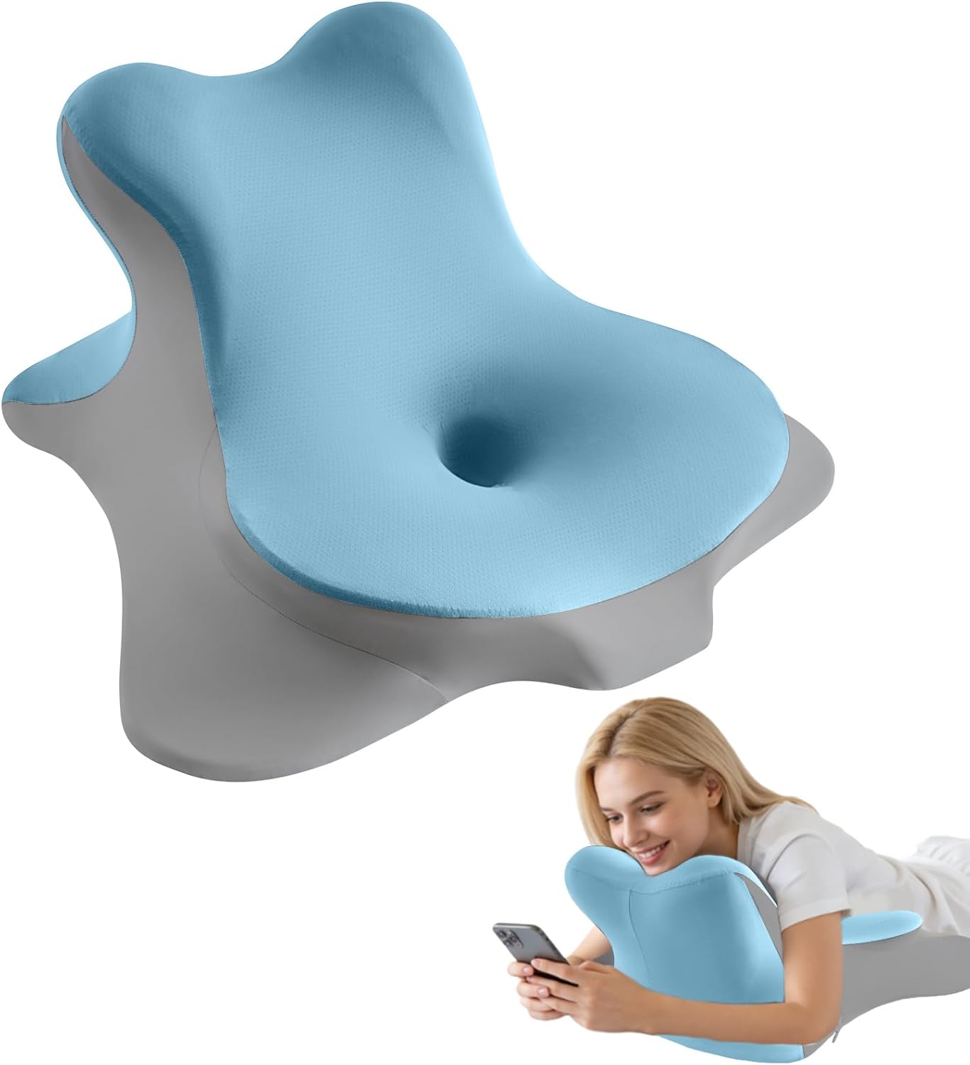 MOONYOOY Ergonomic Reading Pillow for Bed, Premium Memory Foam Wedge Pillow for Prone, Leaning & Back Support, Cooling Ice Silk Cover for Couch & Headboard Relaxation, Sky Blue