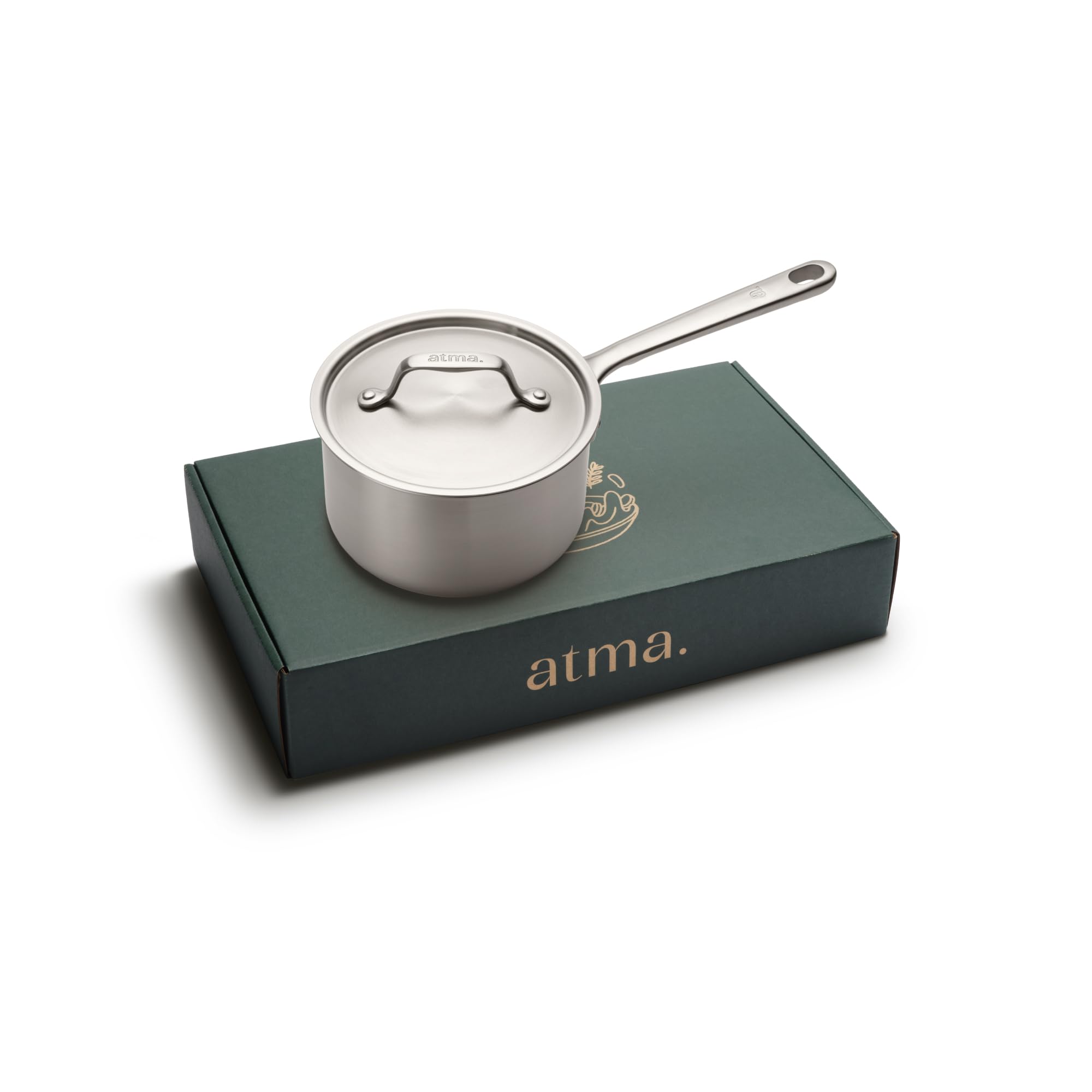 Atma Kochtopf Edelstahl 16 cm - 3-lagig mit Deckel - PFAS- & PTFE-frei | Genieteter Griff - Ohne Beschichtung - Gesundes Garen, Messskala, Ausgussrand - Alle Herdarten - Frankreich
