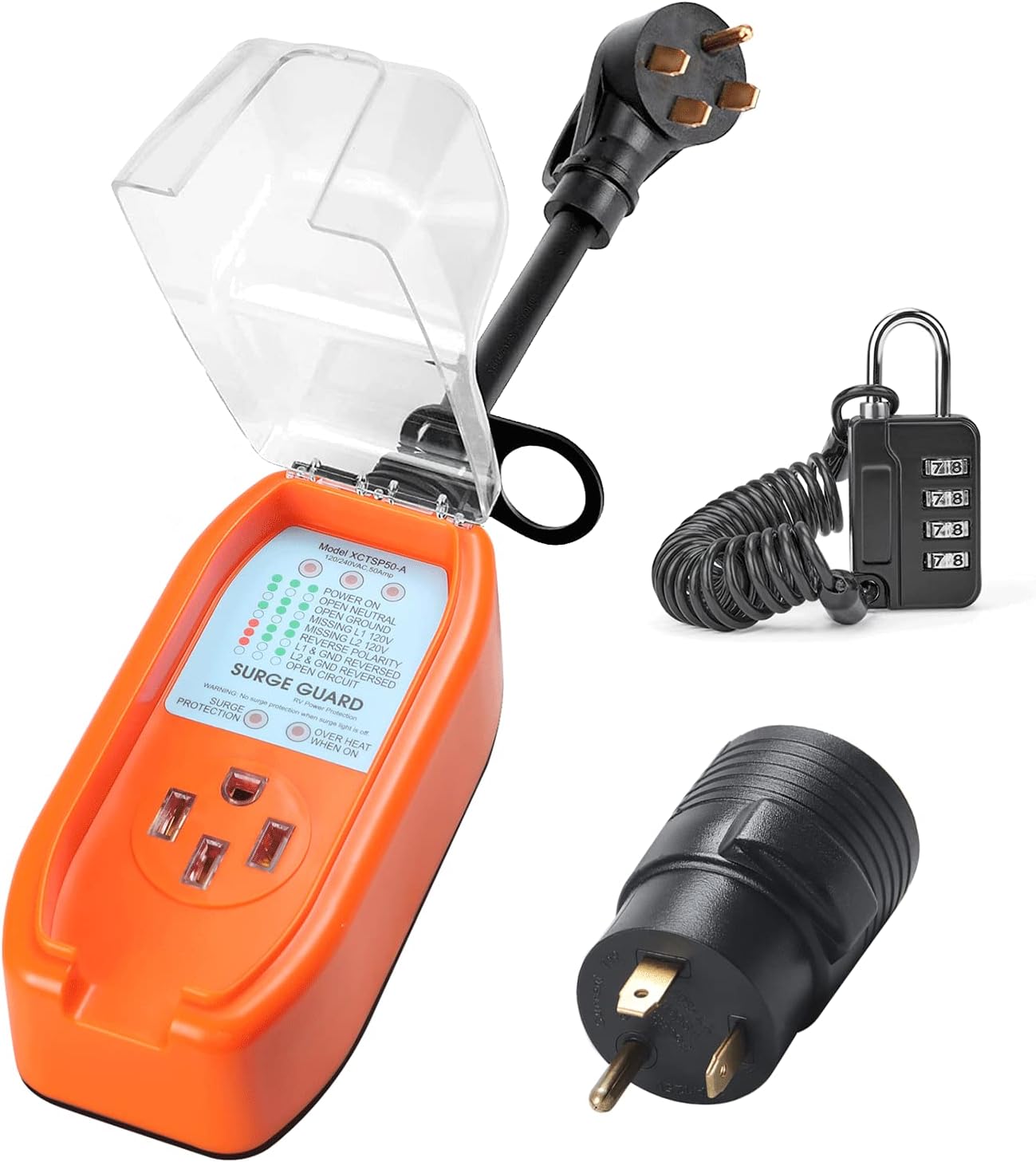 iHomayee RV Surge Protector 50 Amp Waterproof, RV Circuit Analyzer with Integrated Surge Protection, 4200 Joules/UL Listed, Portable Power Defender with RV Plug Adapter & Anti-theft Lock