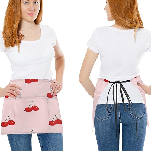 Miniatura 2 de Paquete de 3 delantales de servidor con estampado de cerezas, con 3 bolsillos, impermeables, delantales de media cintura para mujer, para cocinar,