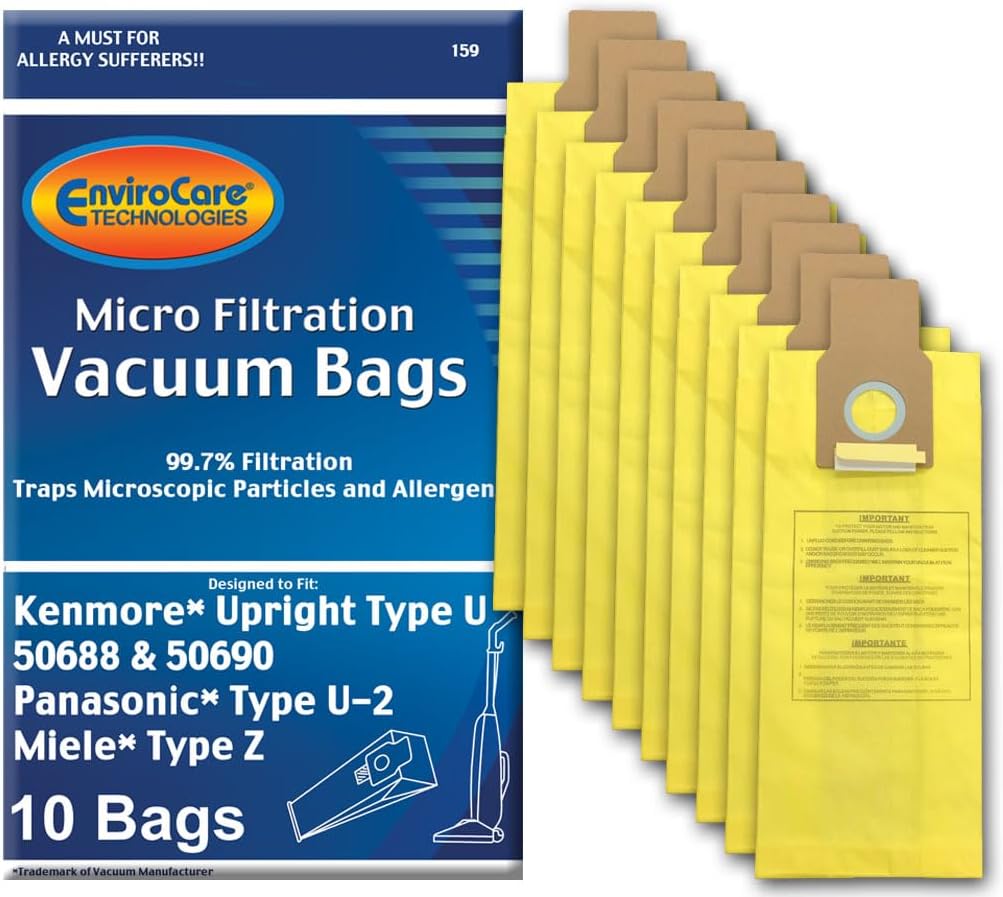 EnviroCare Replacement Vacuum bags for Kenmore Upright Types U/L/O, 50688 and 50690, Panasonic Type U-2, Miele Type Z. 10 pack
