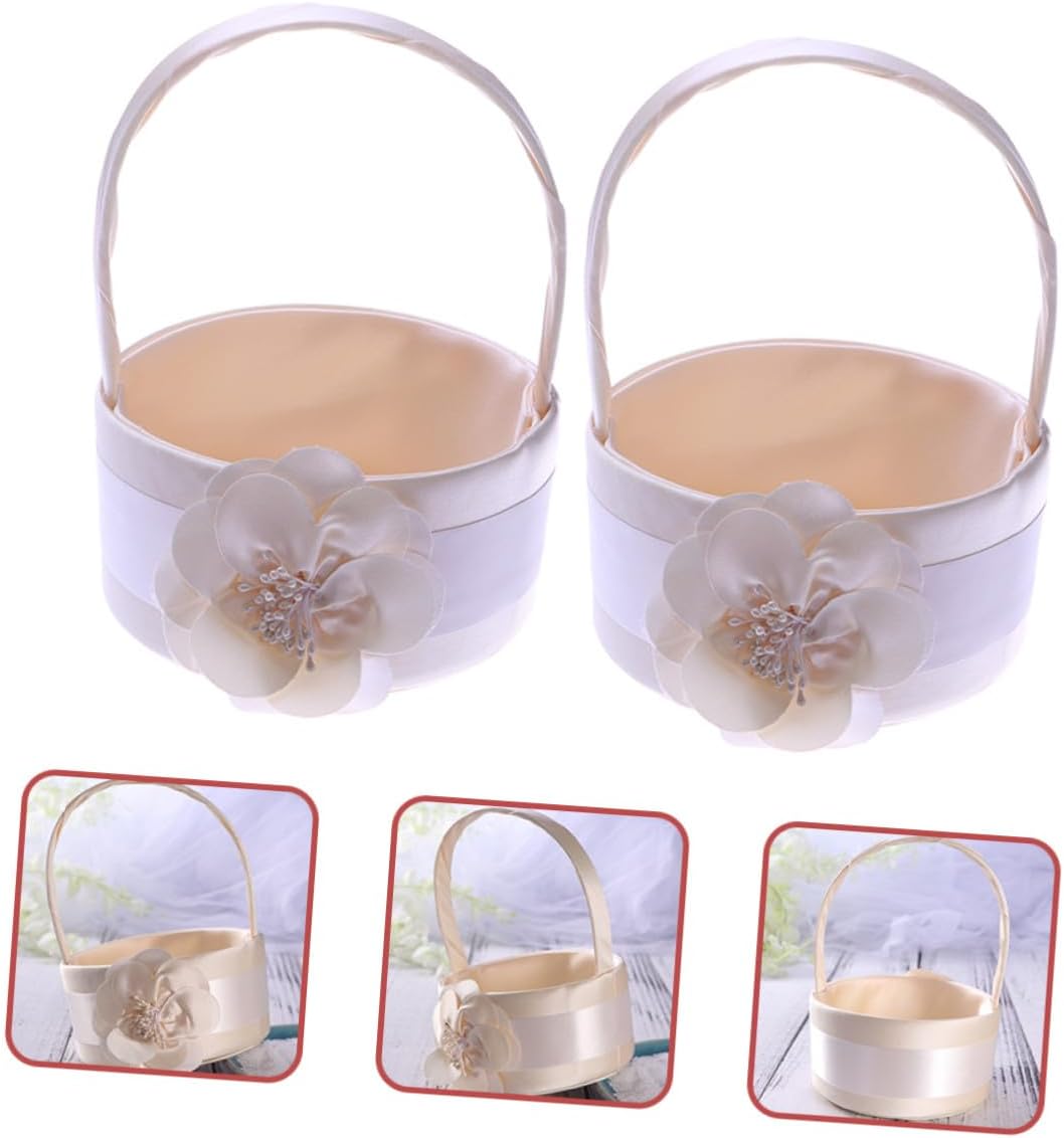 FRCOLOR 2pcs Light Gold Satin Flower Girl Basket Wedding Flower Basket Handheld for Bridal Ceremony and Wedding Supplies