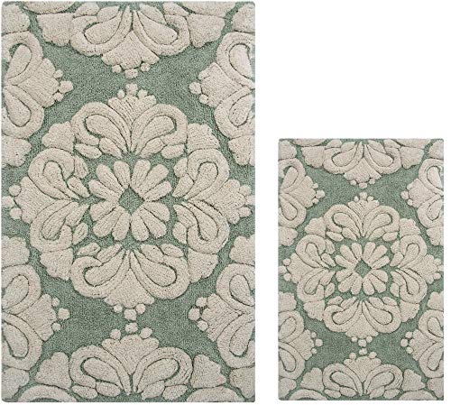 Better Trends Medallion Set Collection is Ultra Soft Plush and Absorbent Tufted Bath Mat Rug 100 Percent Cotton in Vibrant Colors, 17" x 24" / 21" x 34", Sage & Natural
