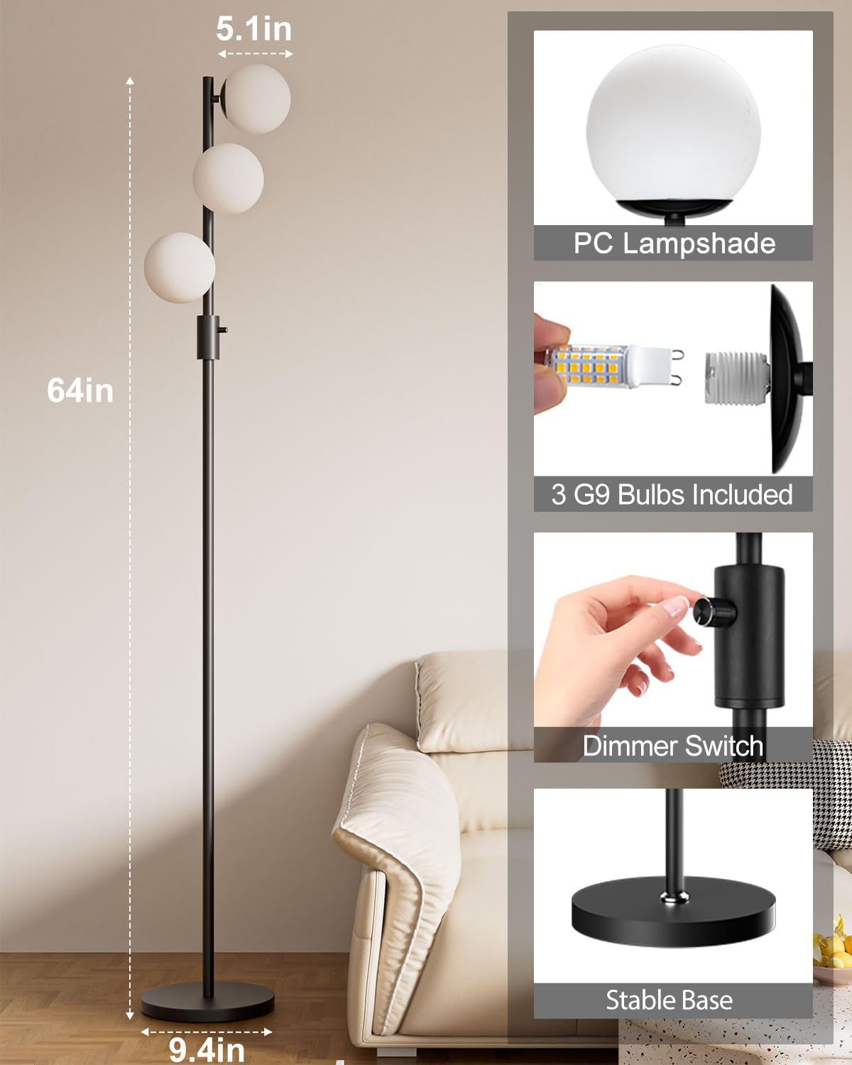FAITHSAIL 3 Globe Mid Century Floor Lamp, Dimmable Modern Standing Lamp with PC Shade & 3pcs Warm White LED Bulbs, Black Tall Tree Lamp for Living Room, Bedroom